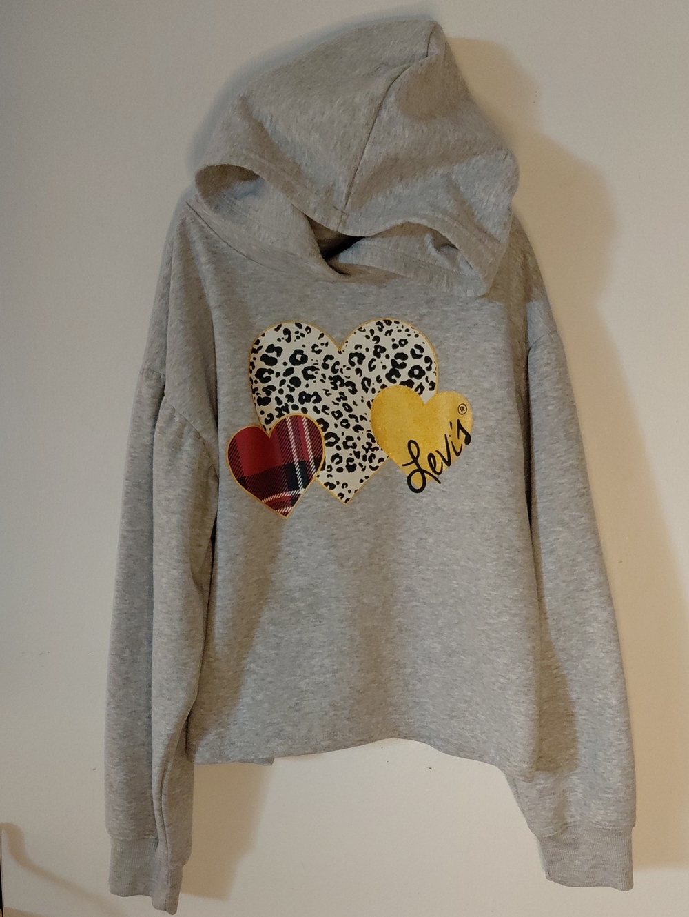 Levi's Gray Hoodie with Leopard, Plaid & Yellow Heart Graphics